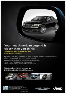 New Generation Jeep & Chrysler offer from DIMO on 14th October 2012