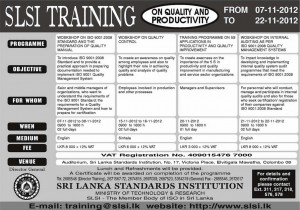 Srilanka Standards institution Training programme for November 2012