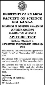 University of Kelaniya – Aptitude Test for B.Sc in Management and Information technology