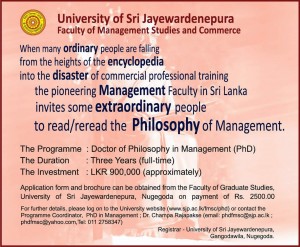 Doctor of Philosophy in Management Programme from University of Sri Jayewardenepura