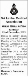 Srilanka Medical Association – Annual General Meeting on 22nd December 2012