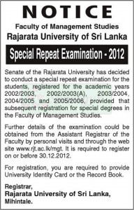 Special Repeat Examination – Rajarata University of Srilanka