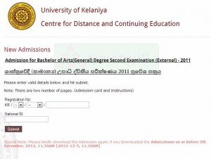 University of Kelaniya - Bachelor of Arts (BA) (General) Degree Second Exams 2011 -  Examination admission car and Instruction
