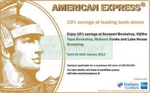 10% saving for American Express Credit Card at leading Books Stores in Srilanka – Till 15 January 2013