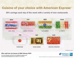 30% off for Cuisine of your choice with American Express From 1st January to 28th February 2013