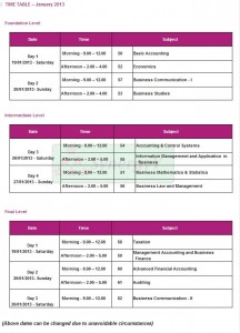 AAT Srilanka January 2013 Examination timetable 