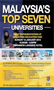 ANC Education – Meet Malaysia University Representatives on 13th January 2013