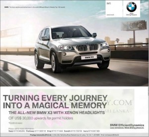 BMW X3 for USD 30,000 upwards for Permit Holders in Srilanka – January 2013