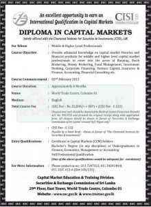 DIPLOMA IN CAPITAL MARKETS – Course by SEC Srilanka – Commence on 2nd February 2013