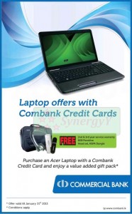 Free Service & Gifts for Acer laptop Purchases by Commercial Bank Credit card – till 31st January 2013