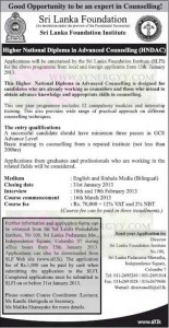 Higher National Diploma in Advance Counseling (HND AC) from Srilanka Foundation