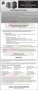 Job Vacancy at Central Bank - Banking Assistants (Trainees) - Apply on or before 20022013