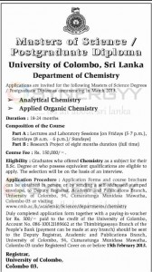 M.Sc in Analytical Chemistry and M.Sc in Applied Organic Chemistry from University of Colombo - New Intakes for 2013