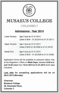Musaeus College, Colombo 07 School admission Year 2014