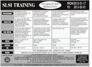 Sri Lanka Standard Institute (SLSI) Programmes for January 2013
