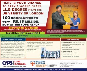 University of London LLB Degree by CFPS Law School Srilanka – Commence from 25th January 2013