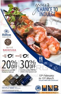 20% to 30% Off for HNB Credit Card Offer at Hilton, The Coffee Bean and Nava Yuga