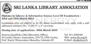 Diploma in Library &, Information Science Level III Examination on 23rd and 24th March 2013
