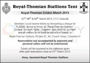 Royal –Thomian Cricket Match 2013 – 7th to 9th March 2013 at SSC Grounds