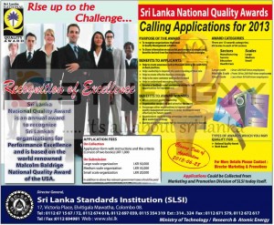 Srilanka National Quality Awards by Sri Lanka Standards Institutions (SLSI) – Applications for 2013