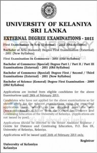 University of Kelaniya Srilanka – External Degree Examinations 2011 – 2013 Examinations