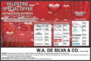 Valentine Day Special Offer for Branded Wrist Watches from W.A De Silva & Co – February 2013