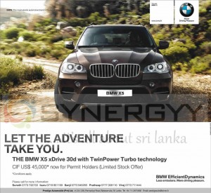 BMW X5 for USD 45,000 for Permit Holders in Srilanka – March 2013