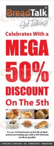 Bread Talk 50% Mega Discount on 1st Year Anniversary on 5th April 2013