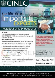 Certificate in Imports & Exports Practices and Procedures from CINEC
