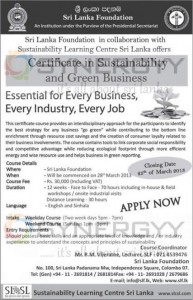 Certificate in Sustainability and Green Business by Sri Lanka Foundation