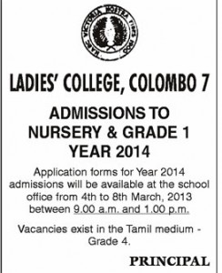 Ladies College, Colombo 7 Admissions for Nursery & Grade 1 for Year 2014 