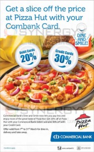 Pizza Hut Offer for 20% to 30% on Commercial Bank CreditDebit Card till 31st March 2013