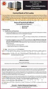 Central Bank of Sri Lanka Job Opportunity for Post of Technical Officer