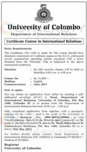 Certificate Course in International Relations by University of Colombo – Applications calls now till 10th May 2013