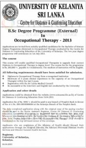 University of Kelaniya Sri Lanka B.Sc Degree Programme (External) in Occupational Therapy – 2013 – Applications call Now