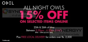 15% off at ODEL Online purchases on 25th & 26th May 2013 from 8.00 Pm to 10.00Pm