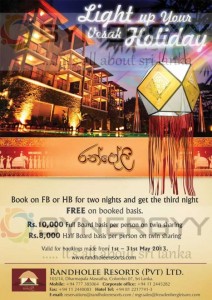 Book 2 days and get Extra day for Free from Randholee Resorts for Vesak Holidays