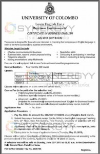 Certificate in Business English – University of Colombo – July 2013 Intakes