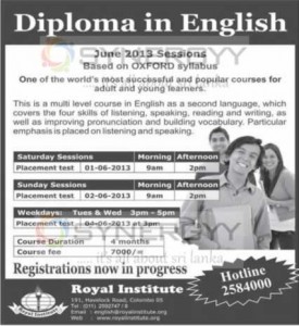 Diploma in English – Royal Institute – June 2013 Enrolment