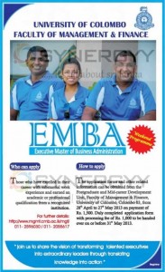 Executive Masters of Business Administration (EMBA) – Applications calls from University of Colombo till 31st May 2013