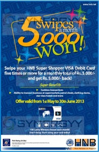 Swipes HNB Debit card and gets Cash back of Rs. 5,000.00 - From 1st May to 30th June 2013