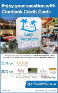 Upto 35% off for Hotel Accommodation for Commercial Bank Credit Card
