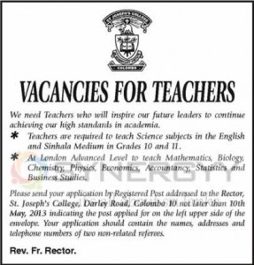 Vacancies for Teachers at St. Joseph Colloege