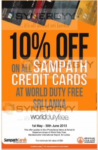 10% off at Worlddutyfree BIA for Sampath Bank Credit Cards – till June 2013