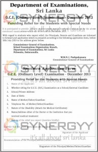G.C.E (OL) Examination Special Relief for the Student with Special Needs for December 2013 Examination