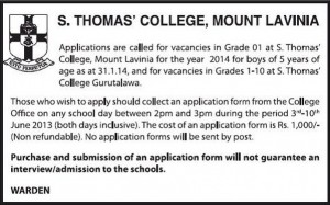 S. Thomas’ College, Mount Lavinia – Admission for grade 1 to 2014