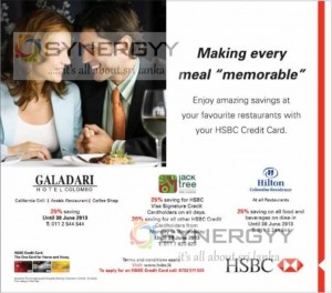 Up to 25% Discount at leading Restaurants for HSBC Credit Cards till 30th June 2013