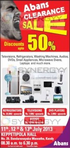 Abans Stock Clearance Sale in Kandy – Discount Upto 50% from 11th to 13th July 2013