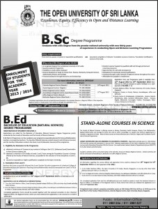 B.Sc and B.Ed Degree Programme 2013 by Open University of Sri Lanka – Applications Call