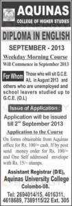 Diploma in English by Aquinas College of Higher Studies – Application issues till 2nd September 2013